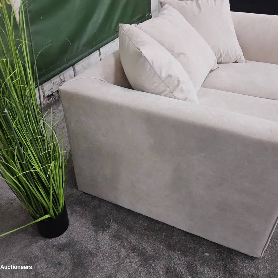 DESIGNER  TWO SEATER SOFA WITH SCATTER CUSHIONS NATURAL FABRIC 