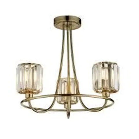 BOXED ENDON BERENICE 3 LIGHT SEMI FLUSH ANTIQUE BRASS PLATE AND CLEAR GLASS