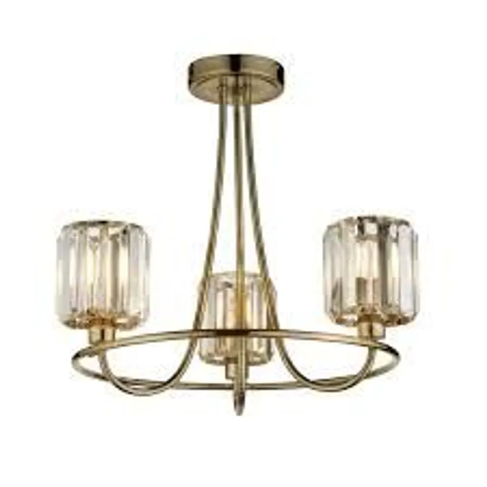 BOXED ENDON BERENICE 3 LIGHT SEMI FLUSH ANTIQUE BRASS PLATE AND CLEAR GLASS