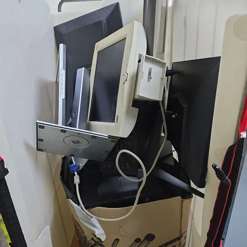 CAGE OF APPROXIMATELY 20 ASSORTED ELECTRICAL ITEMS INCLUDING MONITORS AND LANDLINE PHONES 