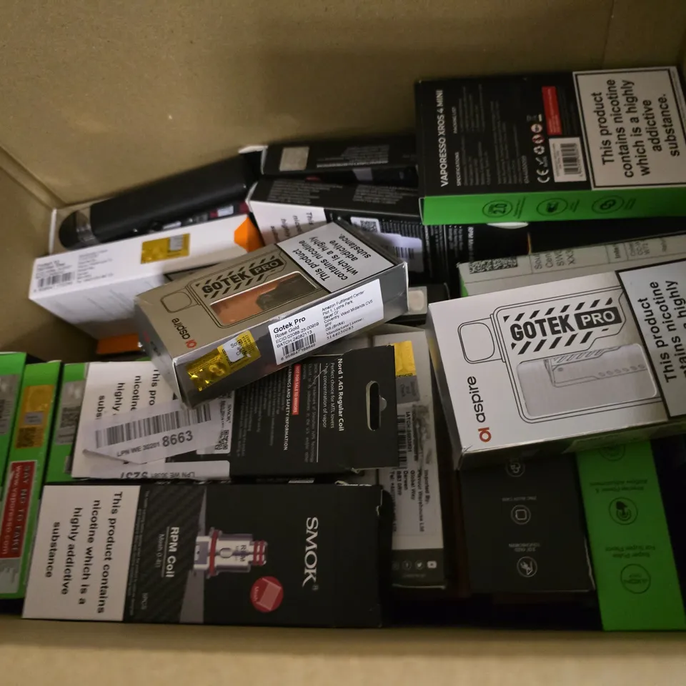 BOX OF APPROXIMATELY 18 ASSORTED E-CIGARETTES PRODUCTS TO INCLUDE - VAPORESSO, ASPIRE 