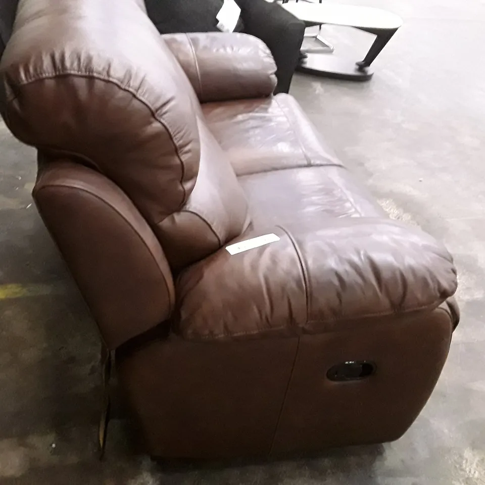 DESIGNER 2 SEATER MANUAL RECLINER SOFA - BROWN LEATHER