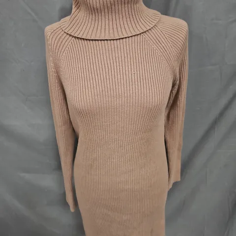 FRENCH CONNECTION RIB KNIT ROLL NECK DRESS IN BROWN SIZE XS