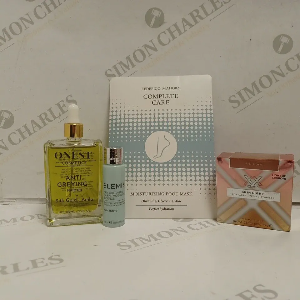 BOX OF APPROX 20 ASSORTED BEAUTY PRODUCTS TO INCLUDE ONEST ANTI GREYING OIL, REVOLUTION TINTED MOISTURISER, ELEMIS MARINE MOIISTURE, ETC. 