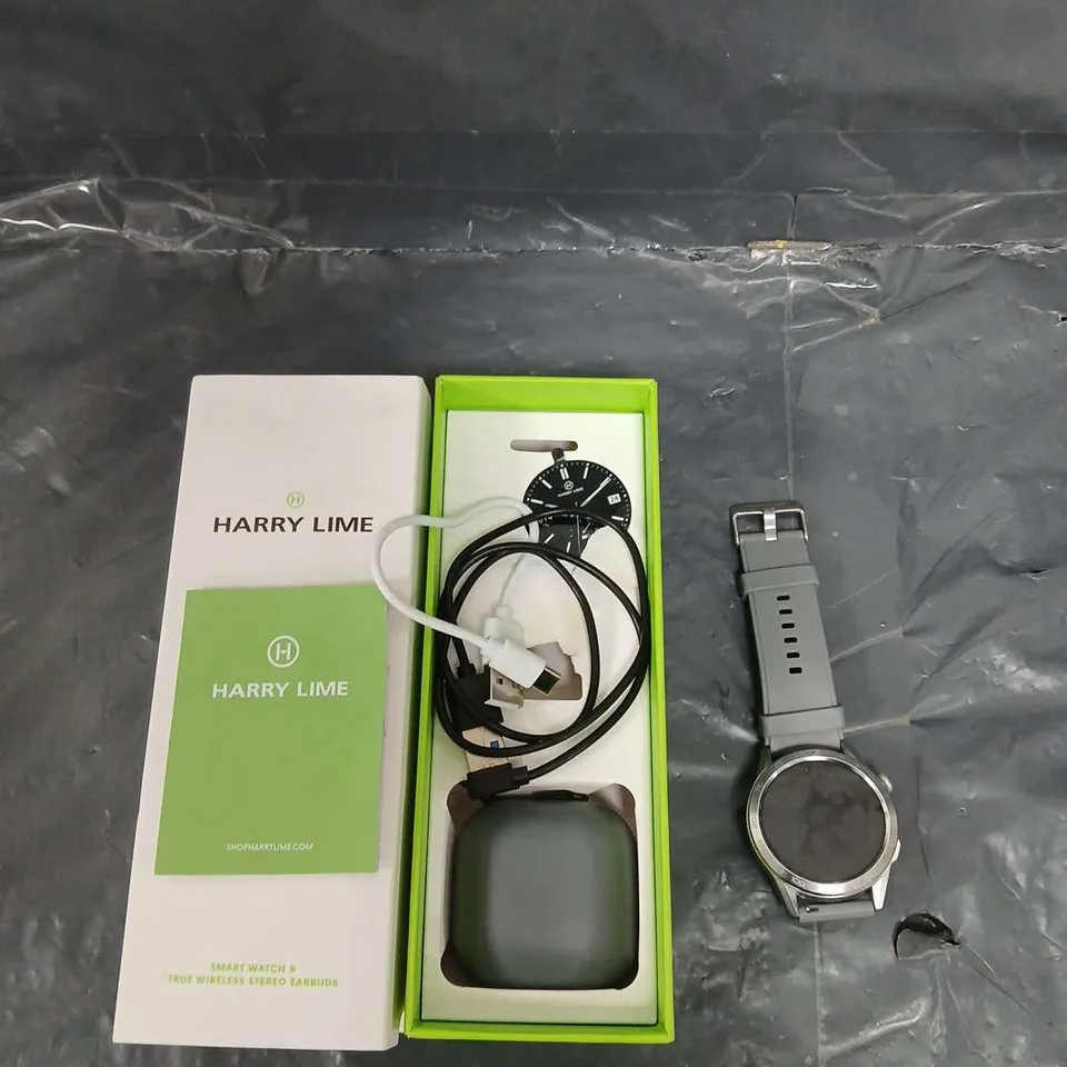 HARRY LIME SERIES 27 GREY SILICONE STRAP SMART WATCH WITH GREY TRUE WIRELESS EARPHONE IN CHARGING CASE