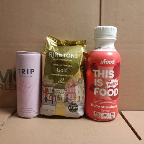 APPROXIMATELY 5 ASSORTED FOOD AND DRINK ITEMS TO INCLUDE TRIP, RINGTONS, ETC