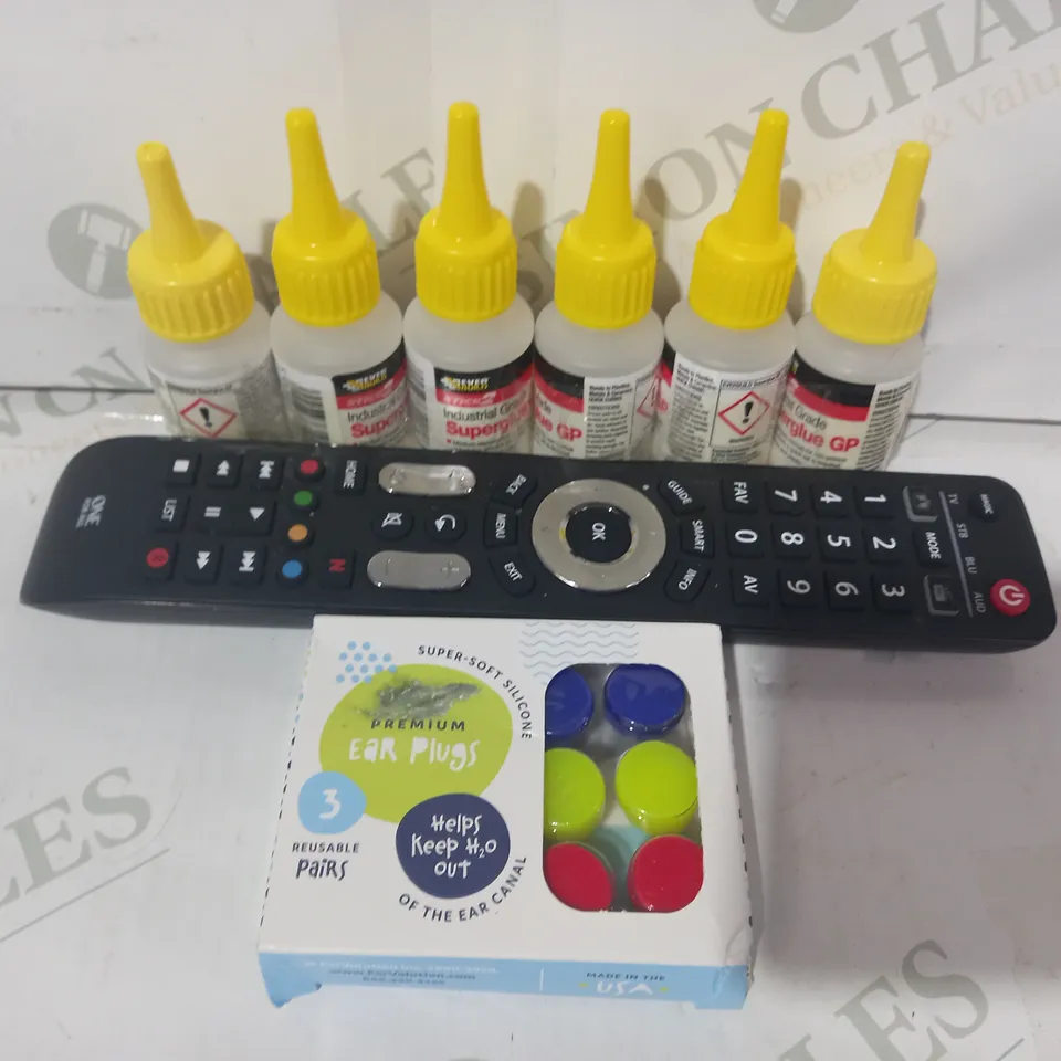 LOT OF APPROXIMATELY 10 ASSORTED HOUSEHOLD ITEMS TO INCLUDE ONE FOR ALL REMOTE, PUTTY BUDDIES EAR PLUGS, EVER BUILD SUPERGLUE, ETC