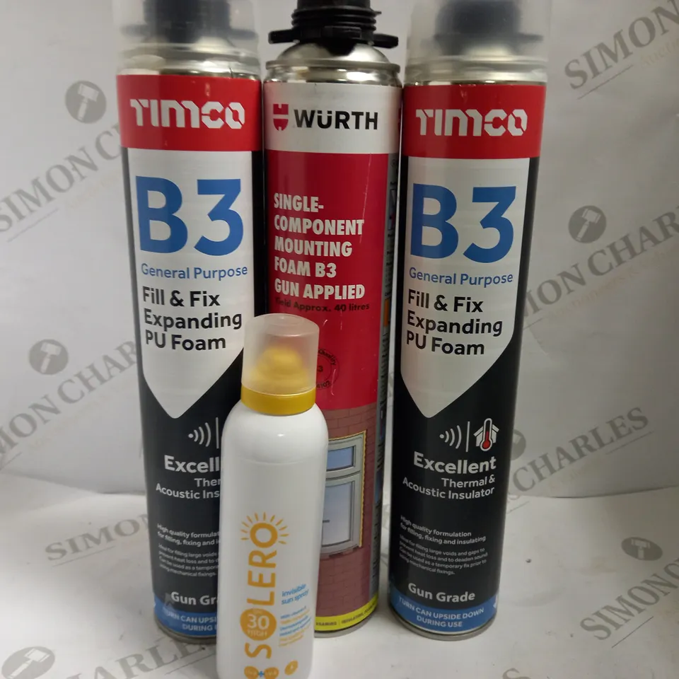 BOX OF APPROX 8 ASSORTED AEROSOLS INCLUDING TIMCO B3 FILL&FIX EXPANDING FOAM, WURTH SINGLE COMPONENT MOUNTING FOAM AND SOLERO SUN SPRAY - COLLECTION ONLY