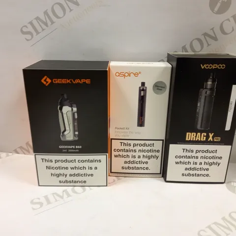 LOT OF APPROXIMATELY 28 E-CIGARETTES AND LIQUIDS TO INCLUDE GEEKVAPE B60, ASPIRE POCKEX KIT, VOOPOO DRAG X PRO, ETC