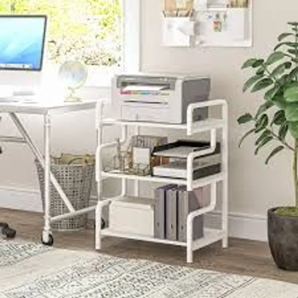 BOXED HOMCOM 3-TIER PRINTER STAND WITH STORAGE SHELVES, PRINTER TABLE, 55 X 40 X 77CM PRINTER SHELF FOR HOME OFFICE, STUDY, WHITE