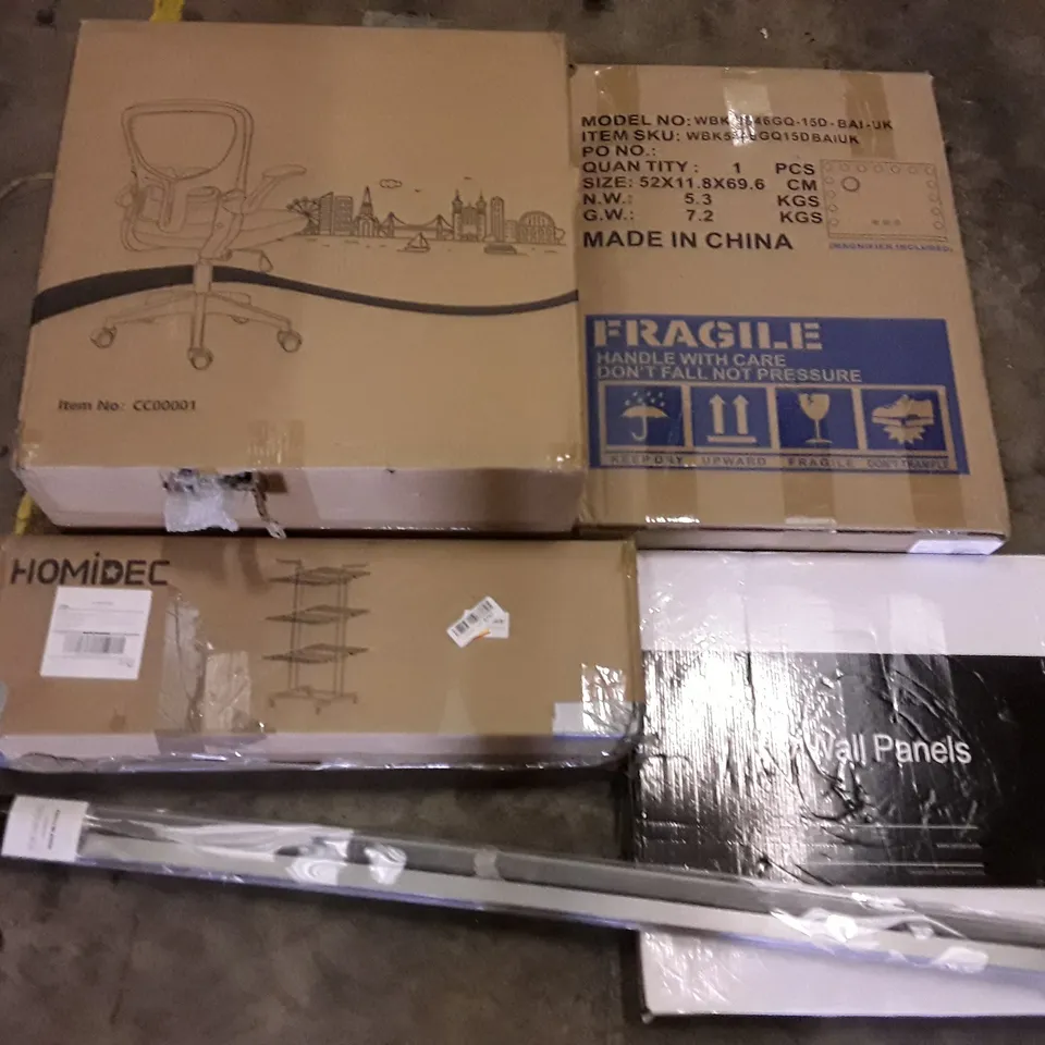 PALLET OF ASSORTED PRODUCTS INCLUDING OFFICE CHAIR, HOLLYWOOD MIRROR, HOMIDEC DRYING RACK, VENETIAN BLING, 3D WALL PANELS