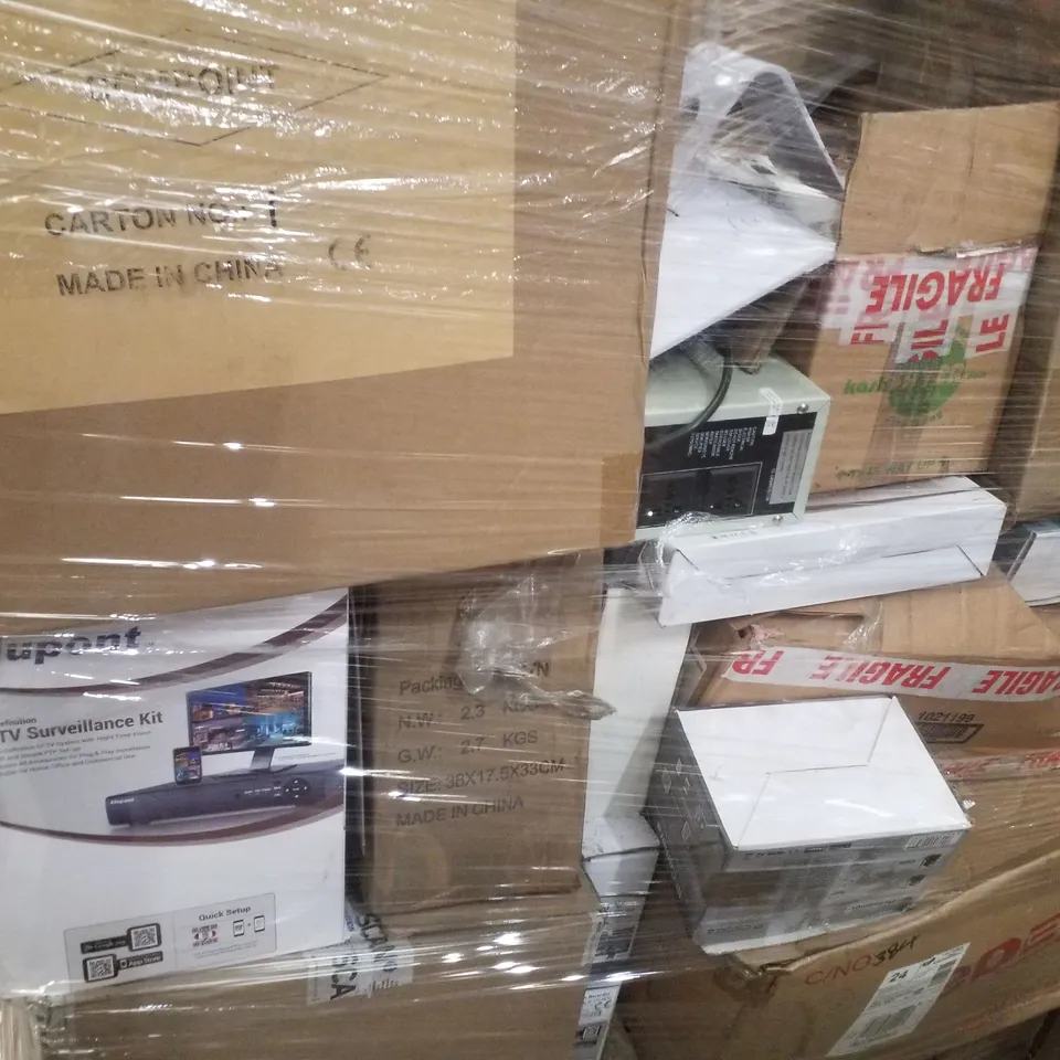 PALLET CONTAINING ASSORTED PRODUCTS INCLUDING CCTV SURVEILLANCE KIT, REUSABLE SHOPPING TROLLEY BAGS, WIRELESS KEYBOARD MOUSE SETS & IP CAMERA