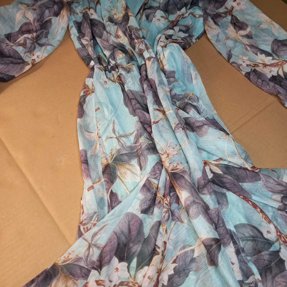 DESIGNER BLUE/FLORAL PRINT FLOWING DRESS