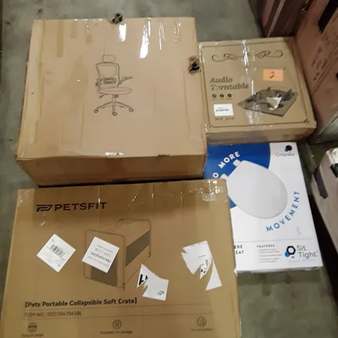 PALLET OF ASSORTED PRODUCTS INCLUDING OFFICE CHAIR, AUDIO TURNTABLE, TOILET SEAT, PORTABLE COLLAPSIBLE SOFT CRATE, FOLDING EXERCISE BIKE 