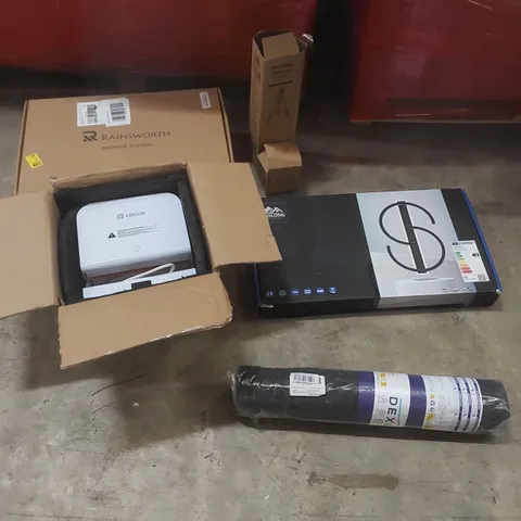 PALLET CONTAINING ASSORTED ITEMS TO INCLUDE: TUBLER HEAT PRESS, CEILING LIGHT, CROSS-LINE LASER LEVEL, SHOWER SYSTEM, RUG ECT