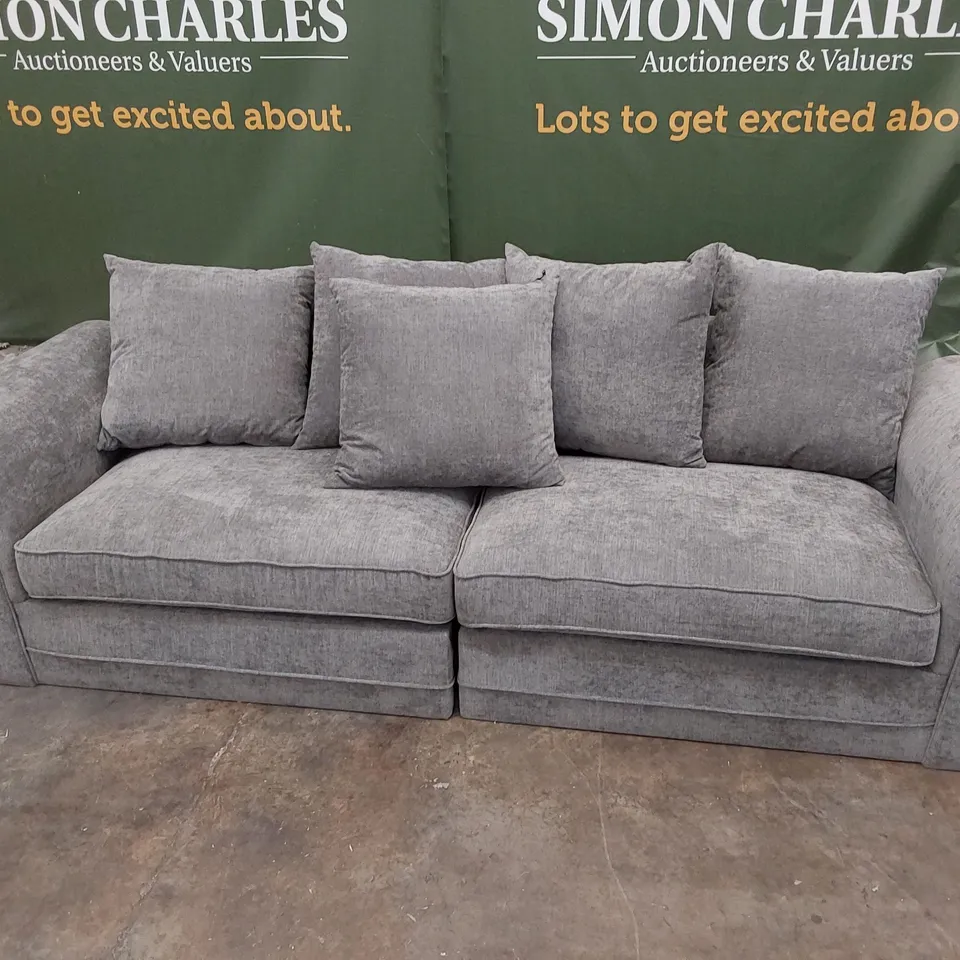 DESIGNER FOUR SEATER SOFA WITH SCATTER CUSHIONS GREY FABRIC 