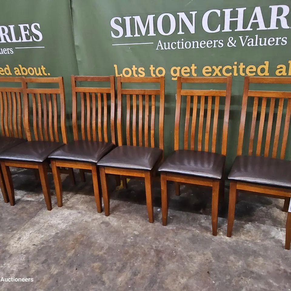 SET OF SIX DARK WOOD FRAMED DINING CHAIRS BLACK PU SEAT PADS