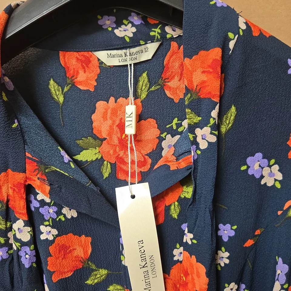 UK 12 MARINA KANEVA LONDON FLORAL PRINT BLOUSE – NAVY WITH RED & PURPLE FLOWERS