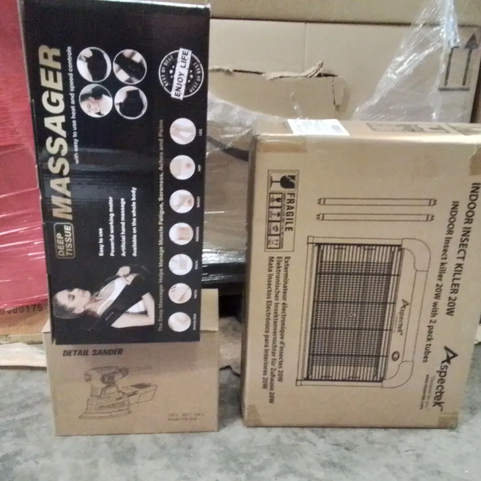 PALLET OF ASSORTED HOUSEHOLD GOODS AND PRODUCTS TO INCLUDE; DEEP TISSUE MASSAGER,DETAIL SANDER,INDOOR INSECT KILLER