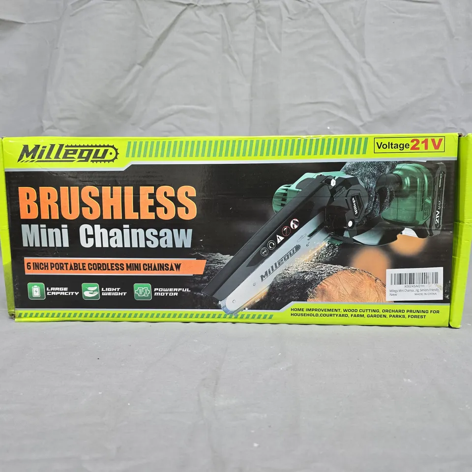 MILLEGU MINI CHAINSAW – 6 INCH, 21V CORDLESS, BOXED WITH MANUAL