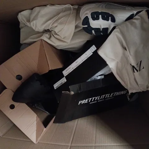 BOX OF APPROXIMATELY 12 PAIRS OF ASSORTED SHOES IN VARIOUS COLOUR, STYLES AND SIZES