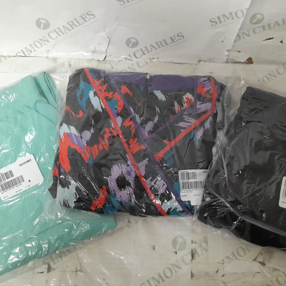 A BOX OF 10 VARIOUS ITEMS OF CLOTHING TO INCLUDE A TURQUOISE PAIR OF TROUSERS A COLOURFUL DRESS BY BRENDA EDWARDS AND A BLACK JUMPER 