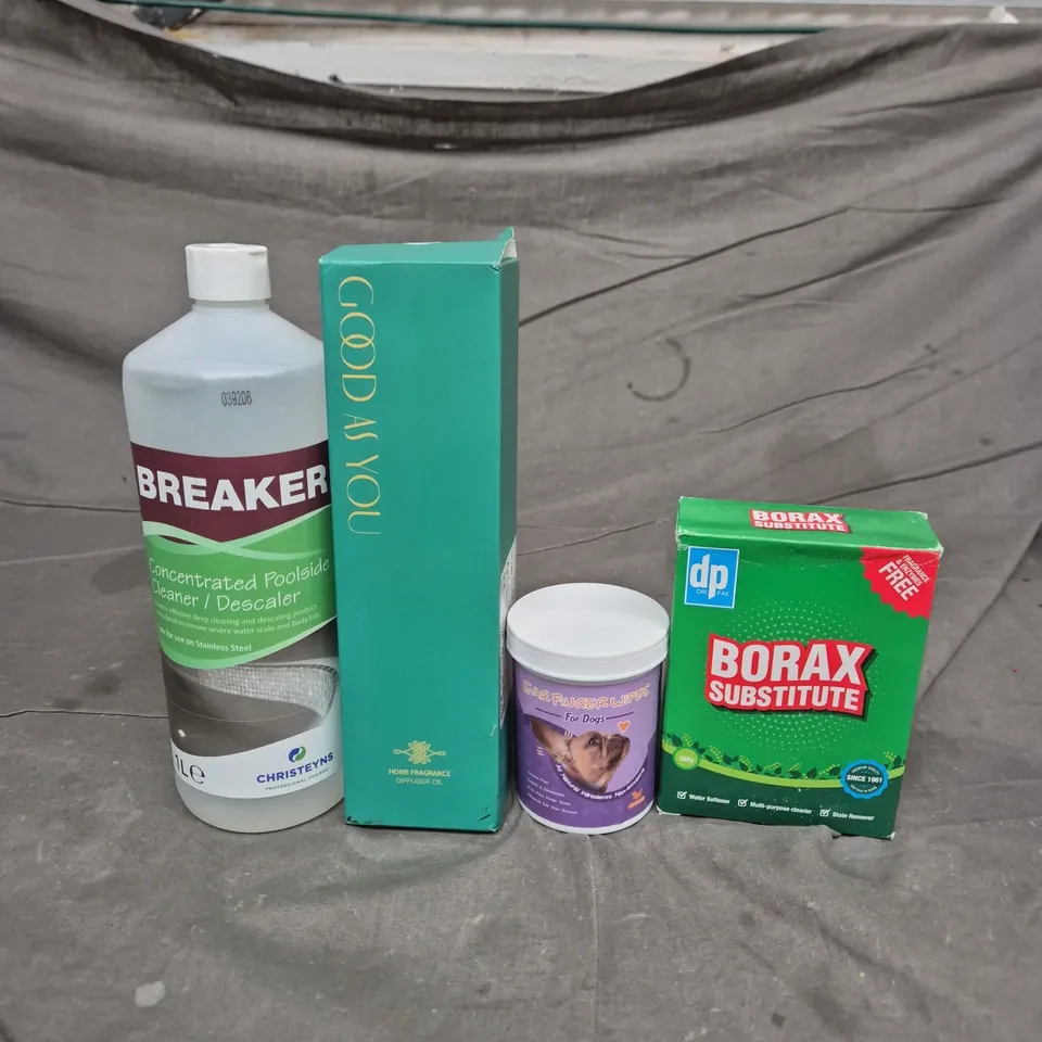 APPROXIMATELY 15 ASSORTED HOUSEHOLD ITEMS TO INCLUDE POOLSIDE CLEANER/DESCALER, BORAX SUBSTITUTE AND EAR FINGER WIPES FOR DOGS