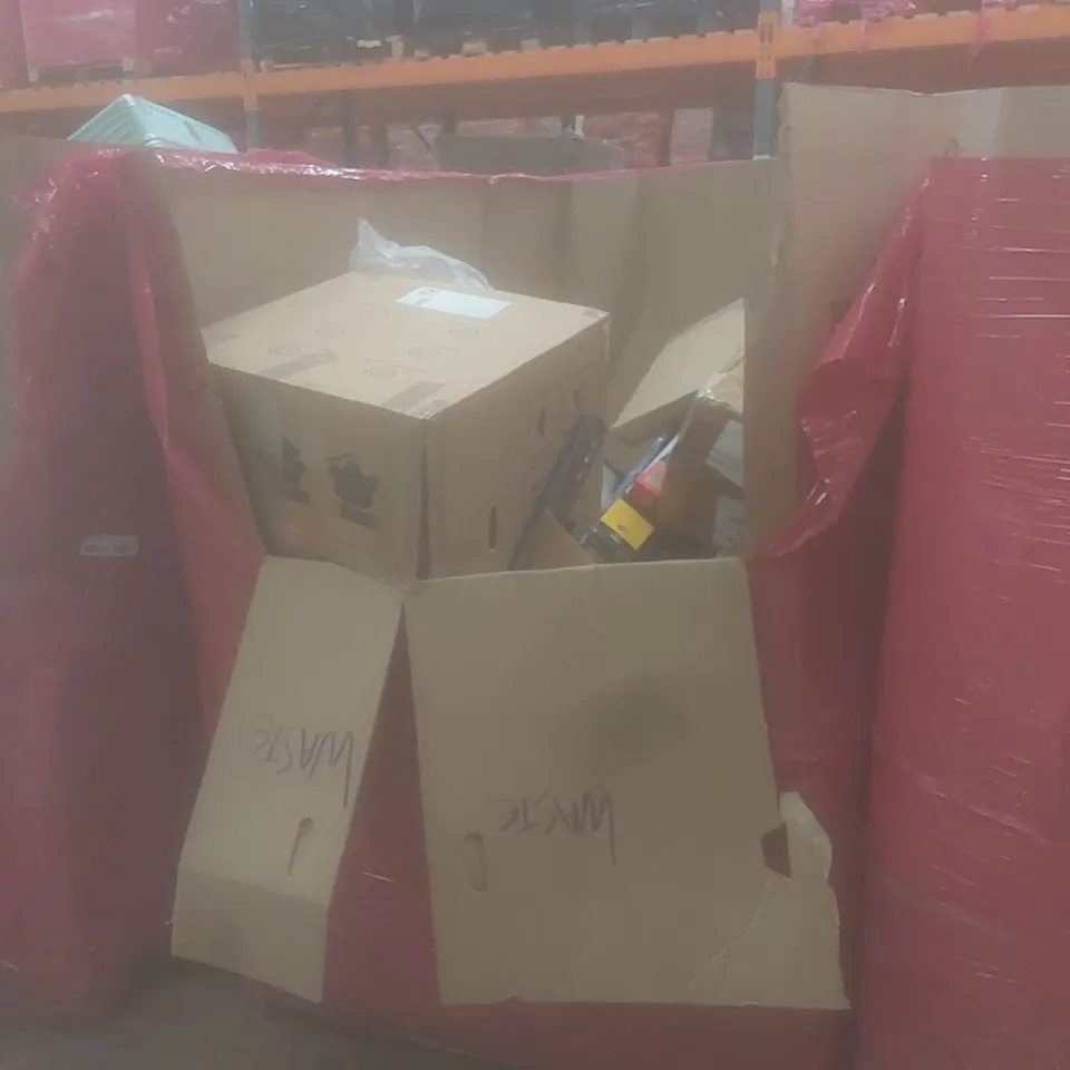 PALLET OF ASSORTED HOUSEHOLD GOODS AND PRODUCTS TO INCLUDE; VIYNL FLOOR CUTTER, TV MOUNT STAND, COMPUTER KEYBOARD, FOOT MASSAGER ETC 