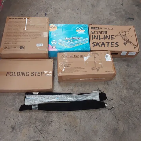 PALLET OF ASSORTED ITEMS INCLUDING: CARBON FIBER BIKE HANDLE BARS, KIDS KICK SCOOTER, INFLATABLE POOL, INLINE SKATES, DOG BOOSTER SEAT, FOLDING STEP ECT