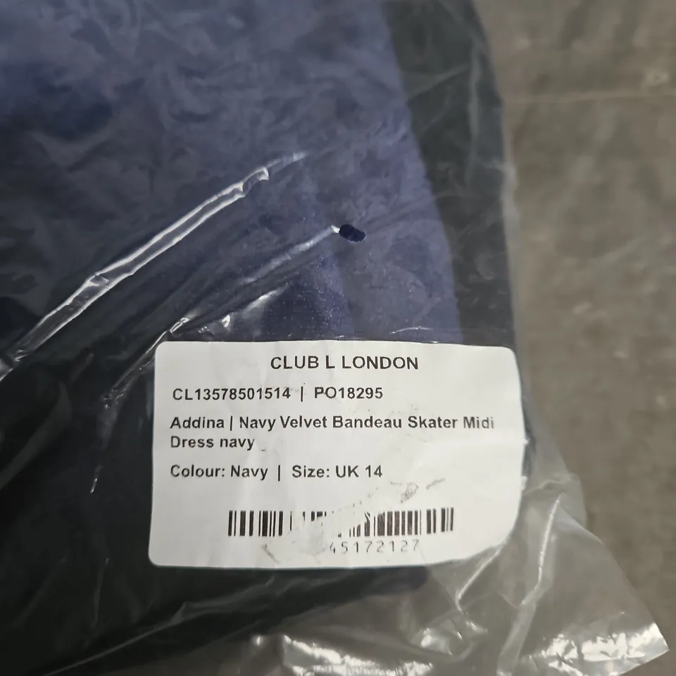 CLUB LONDON NAVY VELVET BANDEAU SKATER MIDI DRESS – UK 14