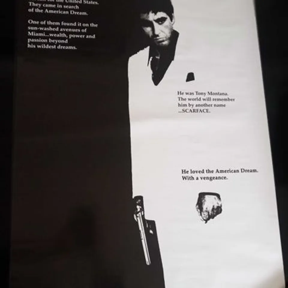 FOUR ASSORTED LARGE FILM POSTERS TO INCLUDE; PULP FICTION, GOODFELLAS, SCARFACE AND THE GODFATHER