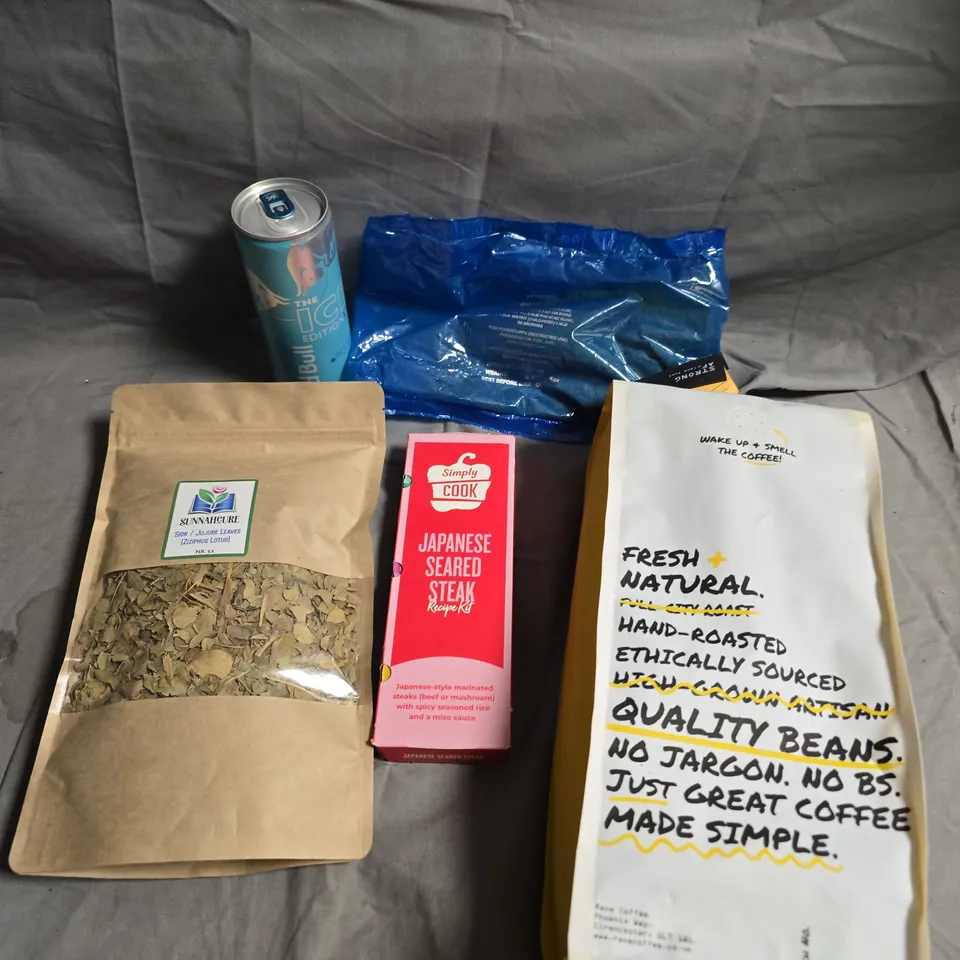 APPROXIMATELY 10 ASSORTED FOOD/DRINK PRODUCTS TO INCLUDE SAUSAGE SEASONING, RAVE COFFEE, RED BULL ETC 
