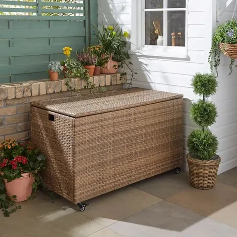 BOXED DUNELM MALTA RATTAN EFFECT GARDEN STORAGE BOX WITH WHEELS - NATURAL (1 BOX)