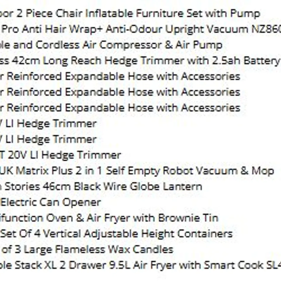 PALLET OF ASSORTED PRODUCTS TO INCLUDE SHARK VACUUMS, FLYMO HEDGE TRIMMERS AND EXPANDABLE HOSES