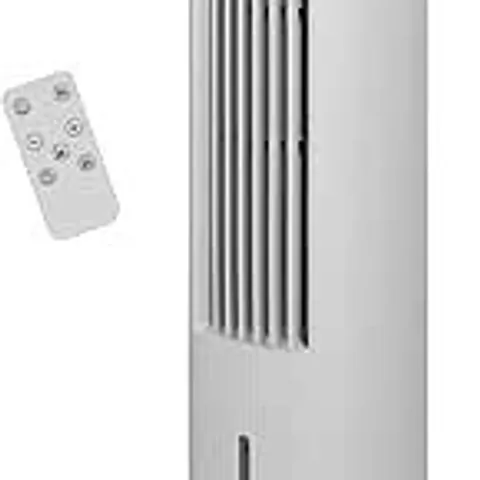 BOXED RUSSELL HOBBS TOWER FAN IN WHITE ELECTRIC AIR COOLER PEDESTAL WITH REMOTE CONTROL, TALL STANDING, HUMIDIFICATION SETTING, 3 SPEED SETTINGS, OSCILLATING FUNCTION WITH 2 YEAR GUARANTEE RHCLT5L