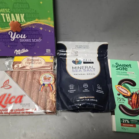 APPROXIMATELY 8 ASSORTED FOOD ITEMS TO INCLUDE - MINERAL SEA SALT , SWEET & SAFE THE SUPER STEVIA CHOCOLATE ETC
