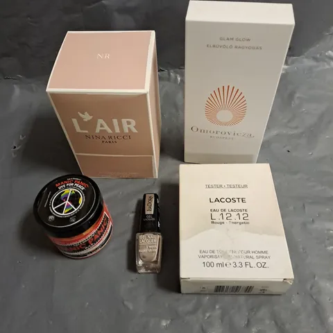 BOX OF APPROXIMATELY 10 ASSORTED COSMETIC PRODUCTS TO INCLUDE - ISADOR GEL NAIL LAQUER IN ICED COFFEE - LACOSTE EAU DE TOILETTE TESTER - MANIC PANIC HAIR DYE IN WILDFIRE - ETC