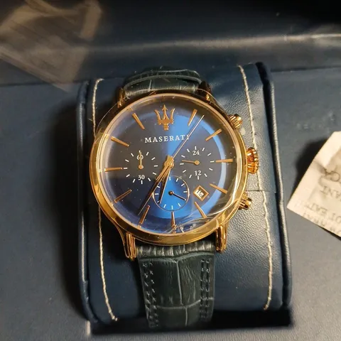 BOXED MASERATI BLUE DIAL WATCH WITH LEATHER STRAP 
