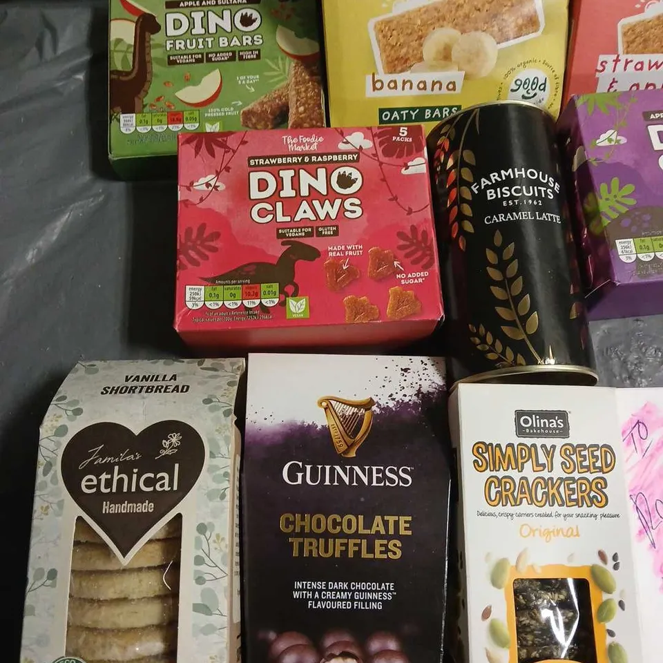 LOT OF 12 ASSORTED FOOD AND DRINK ITEMS TO INCLUDE MINERAL SEA SALT, GUINESS CHOCOLATE TRUFFLES AND SIMPLY SEED CRACKERS