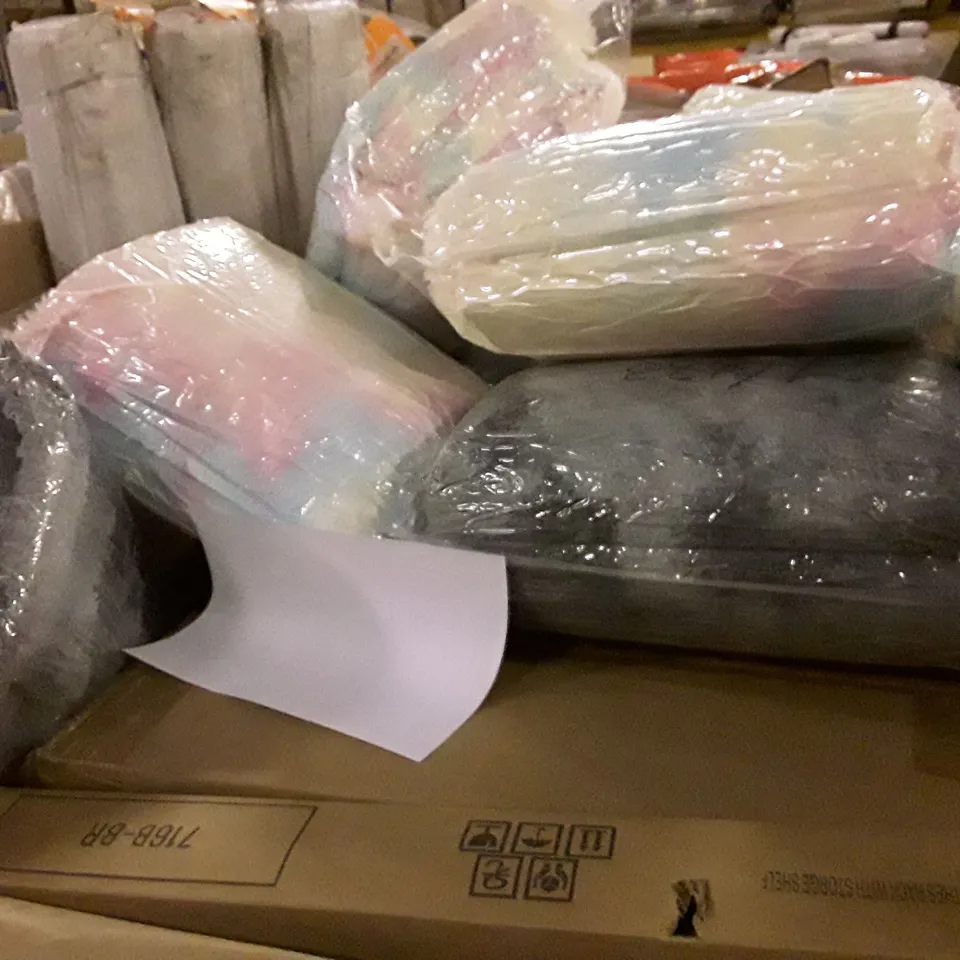 PALLET OF ASSORTED PRODUCTS INCLUDING AREA RUG, LED MOON LIGHT, METAL CLOTHES RACK WITH SHOE STORAGE, SOFT RUG