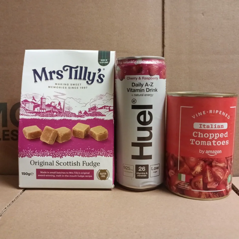 APPROXIMATELY 10 ASSORTED FOOD AND DRINK ITEMS TO INCLUDE CHOPPED TOMATOES, HUEL, ETC