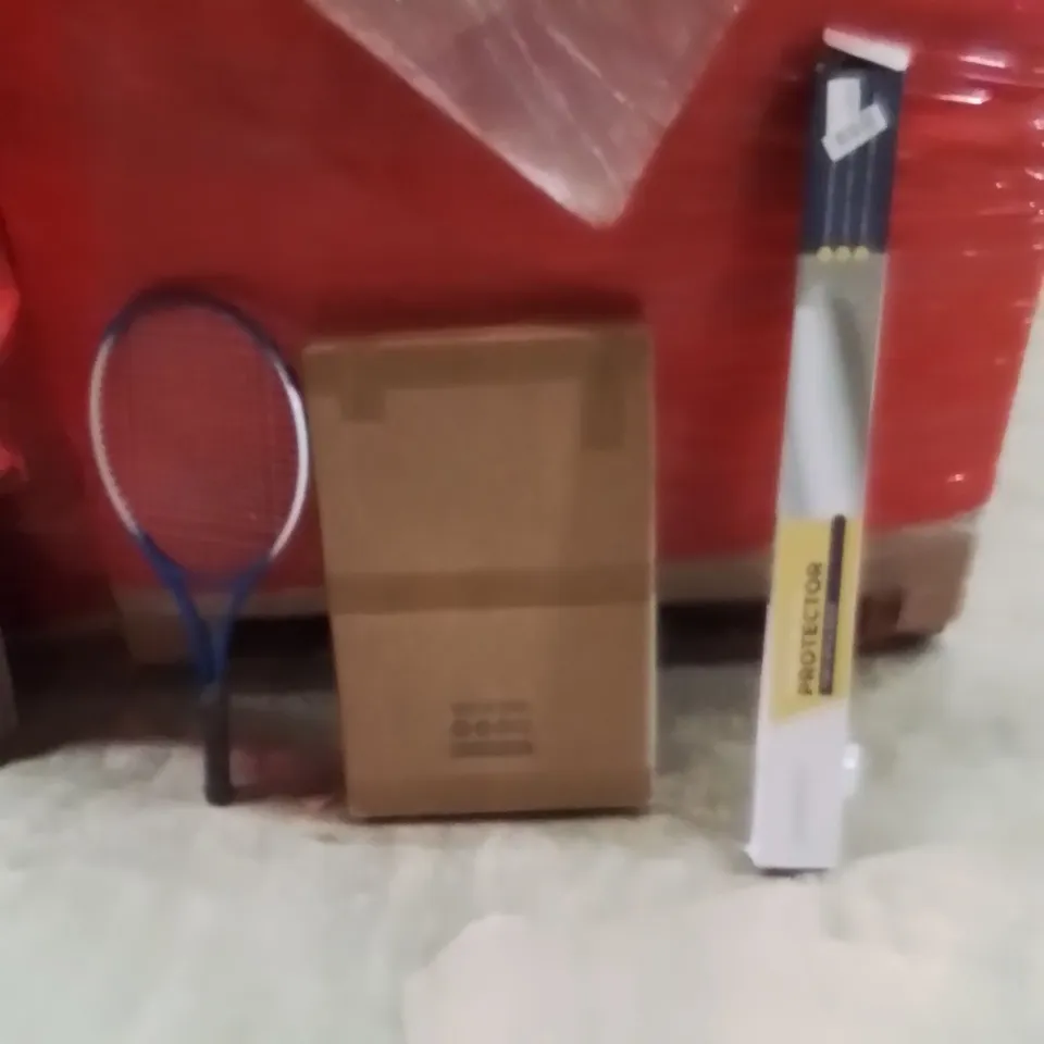 PALLET OF ASSORTED HOUSEHOLD GOODS AND PRODUCTS TO INCLUDE;TENNIS RACKET,PICTURE FRAME,WINDOW SILL PROTECTOR 