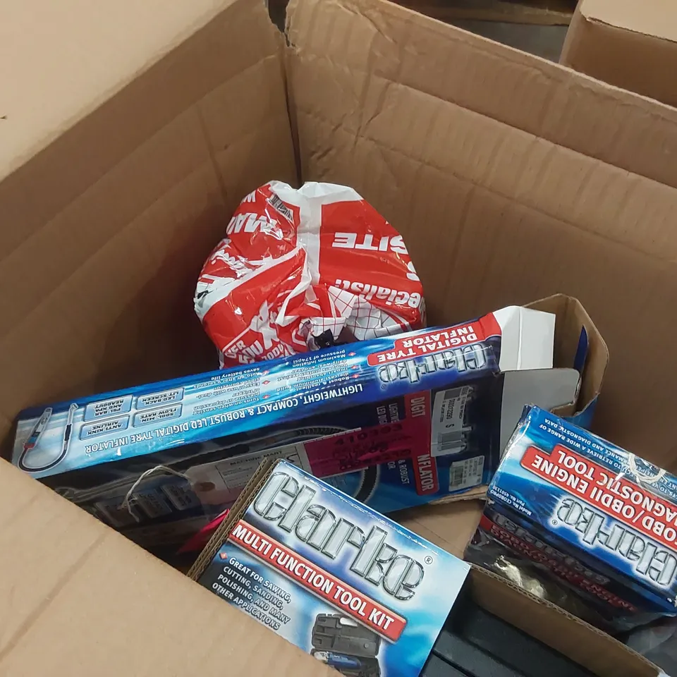 BOX CONTAINING ASSORTED CLARKE TOOLS INCLUDING: ENGINE DIAGNOSTICS TOOL, MULTIFUNCTIONAL TOOL KIT, SUBMERSIBLE ELECTRIC WATER PUMP ECT