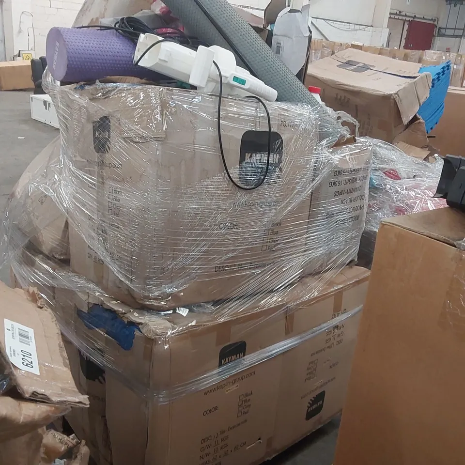 PALLET OF ASSORTED CONSUMER PRODUCTS/FURNITURE PARTS INCLUDING: FOAM ROLLERS, BUG EXTERMINATION EQUIPMENT, EXERCISE TILES ECT