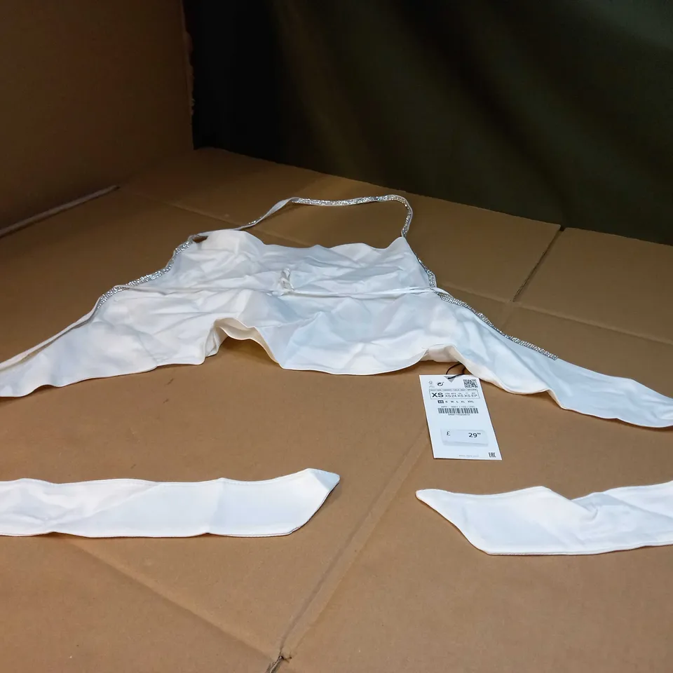 ZARA WHITE/GEM DETAILED HALTER NECK SATIN TIE BACK STATEMENT TOP - XS