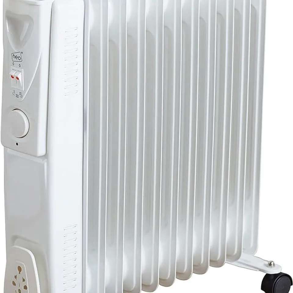 BOXED NEO 11 FIN ELECTRIC OIL FILLED RADIATOR PORTABLE HEATER WITH 3 HEAT SETTINGS THERMOSTAT - WHITE (1 BOX)
