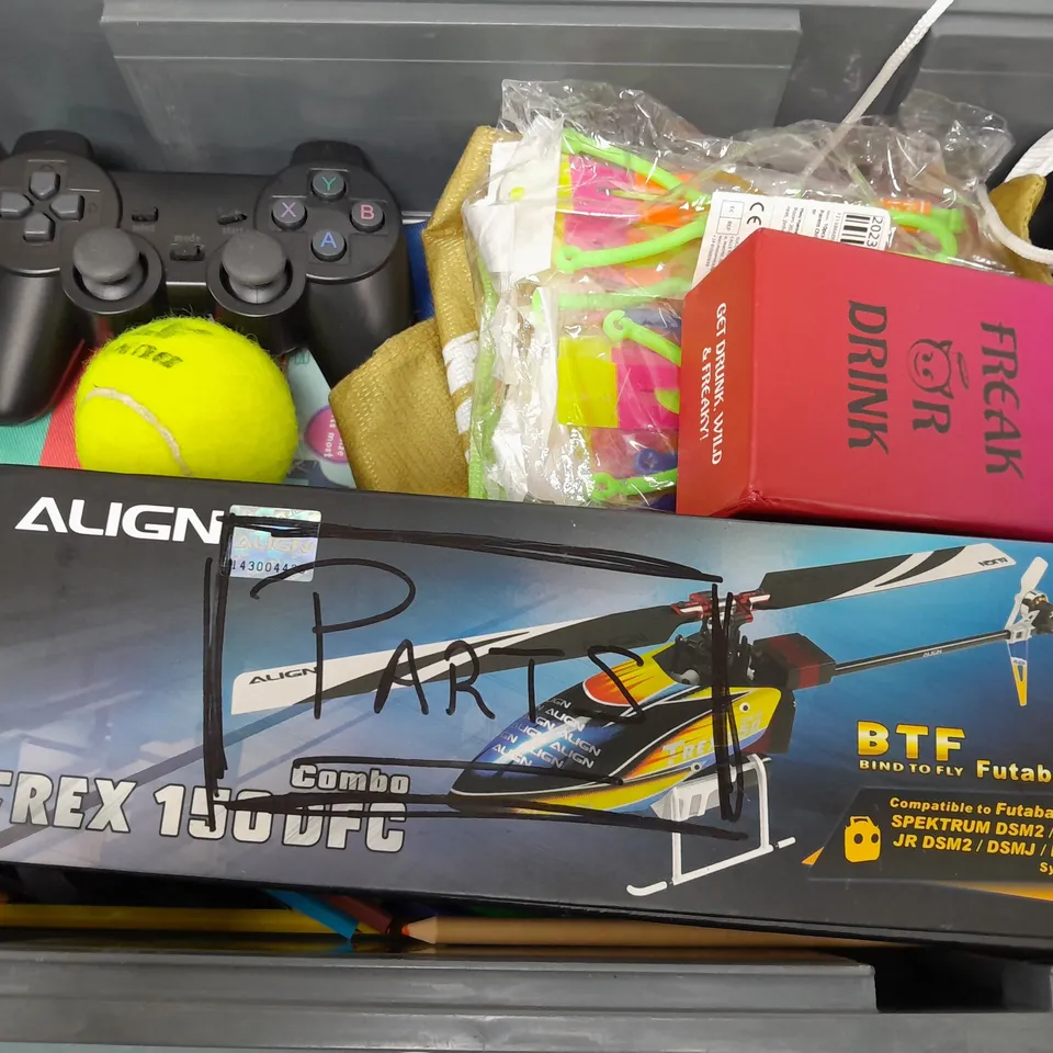 APPROXIMATELY 12 ASSORTED TOYS & GAMES PRODUCTS TO INCLUDE TENNIS BALL, CRAYONS, CARD GAMES, ETC