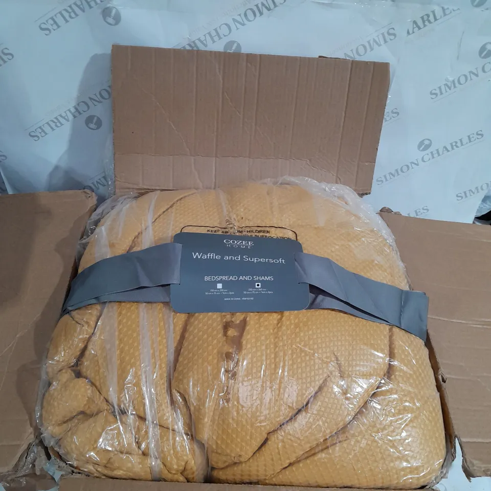 SUPERSOFT BY COZEE HOME WAFFLE KNIT FILLED BEDSPREAD IN OCHRE - 250 X 260CM