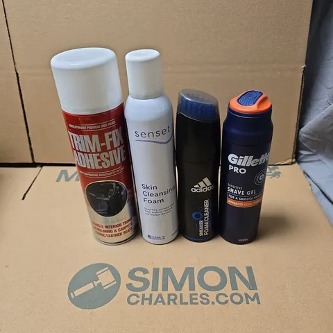 TOTE OF APPROXIMATELY 15 ASSORTED AEROSOL PRODUCTS TO INCLUDE TRIM FIX ADHESIVE, GILETTE PRO SHAVE GEL, SENSET SKIN CLEANSING FOAM, ADIDAS SNEAKER FOAM CLEANSER ETC