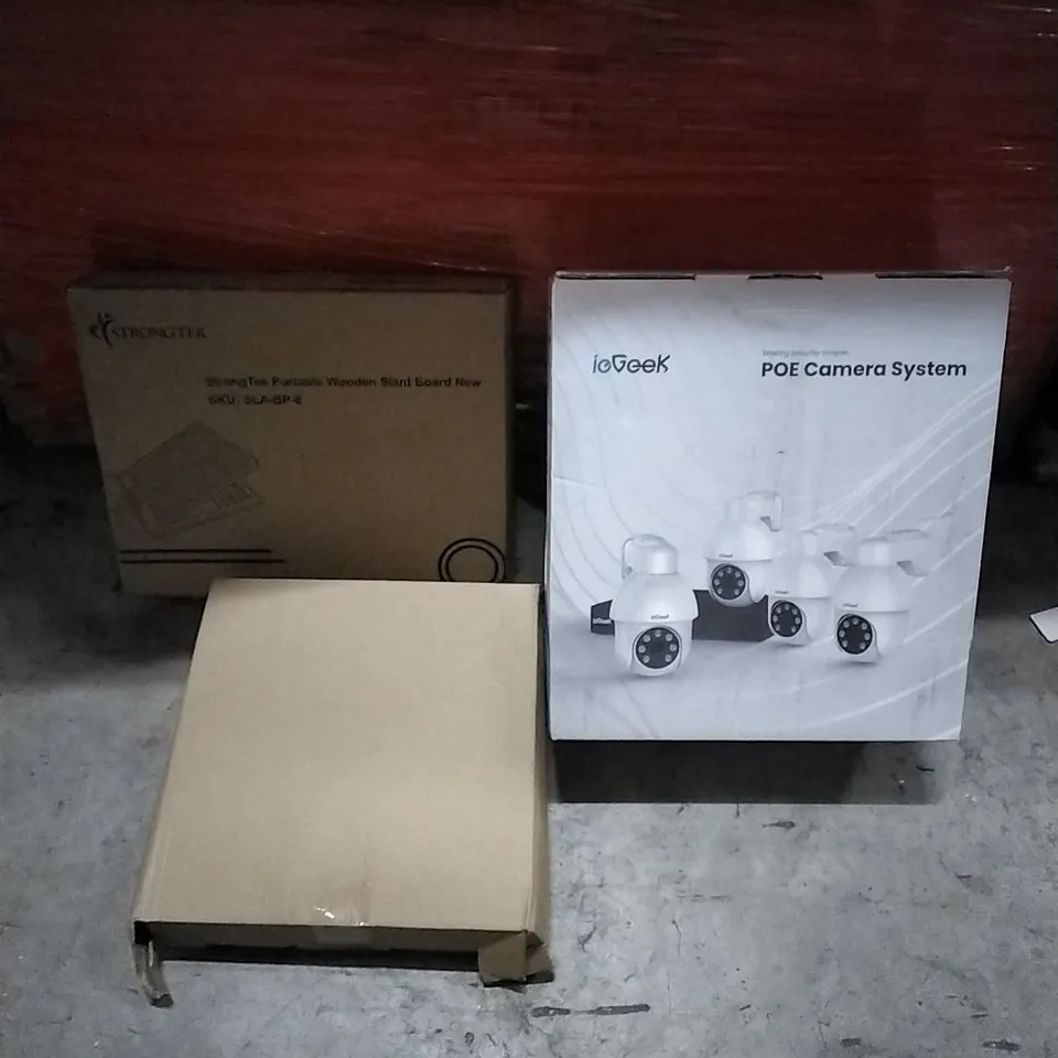 PALLET OF HOUSEHOLD ITEMS TO INCLUDE PORTABLE WOODEN SLANT BOARD, FESTIVE GARLAND, POE CAMERA SYSTEM AND OTHER ASSORTED ITEMS...